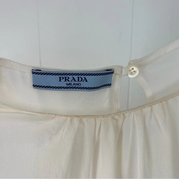 PRADA Silk Crepe De Chine Scalloped Hem Sleeveless Top Blouse Ivory Sz 44 Flaws* - Picture 11 of 16